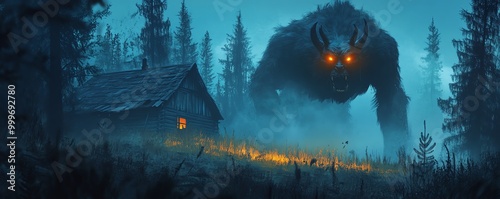 A giant, ominous monster with glowing eyes stands near a small, lonely cabin in a misty forest, creating an eerie, fantasy atmosphere. photo