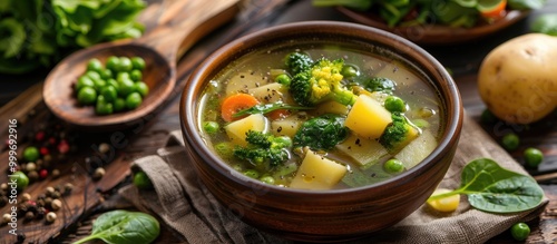 Delicious Vegetable Soup With Potato Broccoli Green Pea And Spinach On The Dinner Table