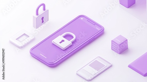 A purple-themed illustration featuring a smartphone with a padlock, symbolizing security.