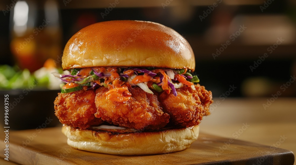 Korean fried chicken sandwich with crispy chicken fillet, kimchi slaw ...