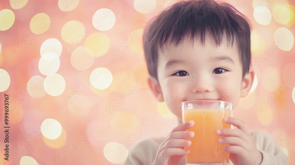 A cheerful child holding a glass of orange juice with a soft, colorful background. A cheerful child holding a glass of orange juice with a soft, colorful background.