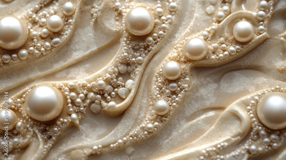Stunning pearls swirl in intricate patterns, creating a mesmerizing abstract display on a sand background, evoking beauty and grace Stunning pearls swirl in intricate patterns, creating a mesmerizing abstract display on a sand background, evoking beauty and grace