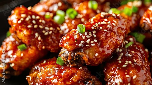 Korean-style fried chicken wings, glazed with spicy gochujang sauce, topped with sesame seeds and green onions. The vibrant red sauce stands out in the photo.