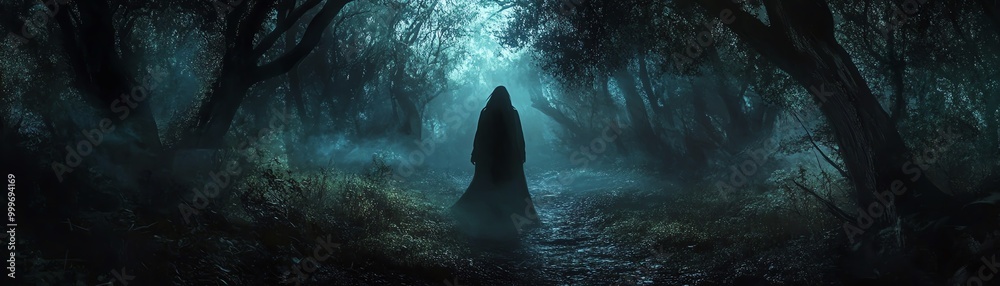 A mysterious hooded figure stands in a dark, foggy forest. The atmosphere is eerie, with light filtering through the trees. A mysterious hooded figure stands in a dark, foggy forest. The atmosphere is eerie, with light filtering through the trees.