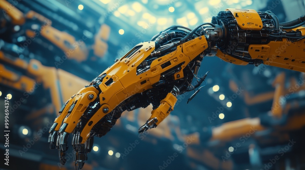 A close-up of a robotic arm showcasing intricate mechanical details and industrial design. A close-up of a robotic arm showcasing intricate mechanical details and industrial design.