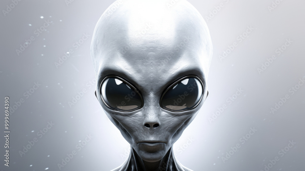 A closeup of a mysterious grey alien with large eyes looking intently