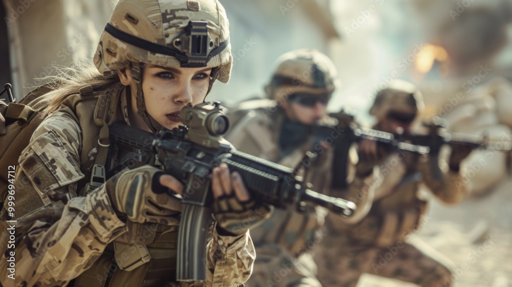 Fototapeta premium A woman in a military uniform holds a rifle, suitable for use in historical or contemporary themes