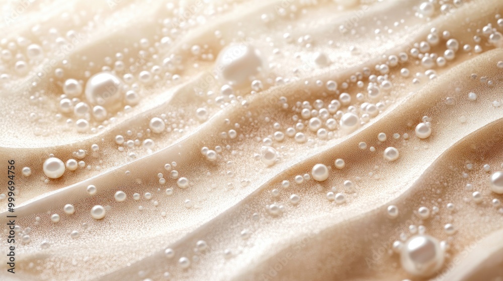 Swirling trails of shimmering pearls create a mesmerizing abstract design on a sandy backdrop, offering an elegant artistic visual