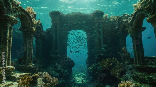 Ruins of Atlantis submerged underwater, covered in coral and marine plants, with schools of fish swimming through ancient stone archways. A lost world rediscovered.