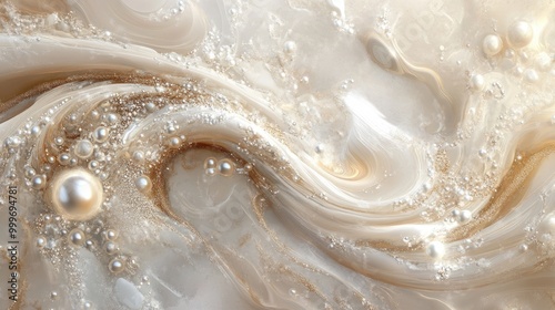 Swirling trails of shimmering pearls create a mesmerizing abstract design on a sandy backdrop, offering an elegant artistic visual