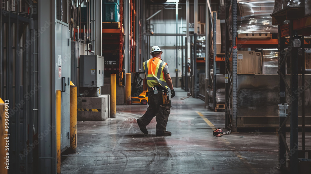Fototapeta premium View from behind of a large warehouse worker as he walks between large shelves wearing a hard hat and reflective vest