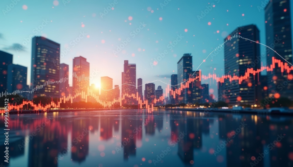 Fototapeta premium Cityscape at sunset with financial charts symbolizing economic growth and prosperity