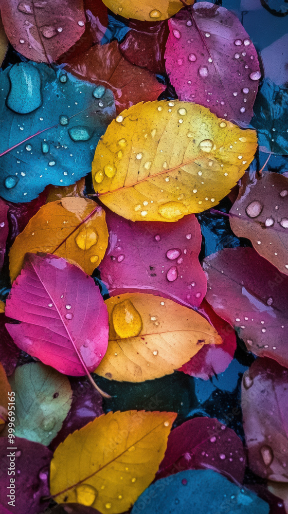 Colorful Autumn Leaves with Water Droplets Close-Up Colorful Autumn Leaves with Water Droplets Close-Up