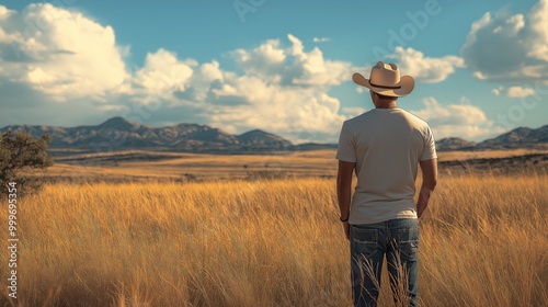 Cocky texas chic, wearing a blank sand color 'cabfad' t-shirt, mockup style, desert ranch background.