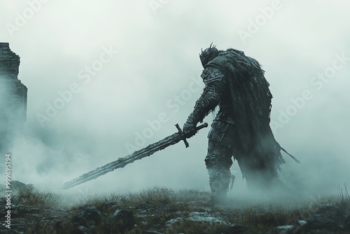 Epic medieval knight in armor with large sword amidst fog in a mystical landscape, evoking a sense of adventure and fantasy.