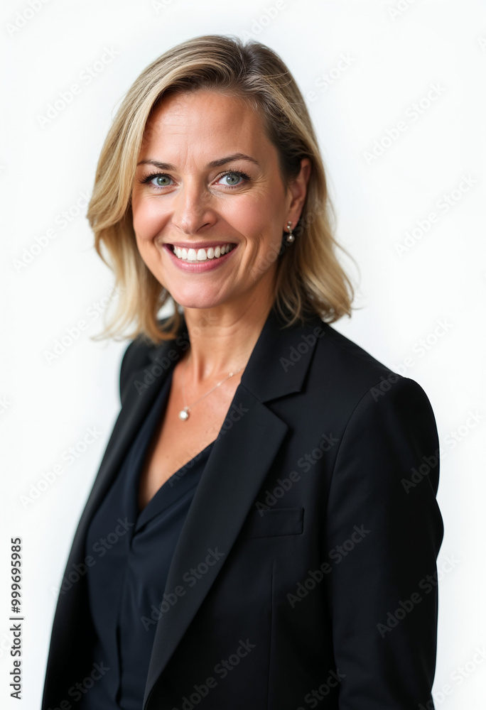 Portrait of a confident, professional woman in formal attire with a warm, approachable smile. Portrait of a confident, professional woman in formal attire with a warm, approachable smile.