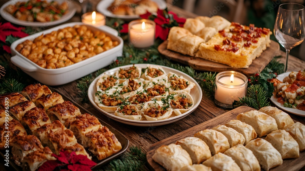 Festive holiday feast with assorted savory dishes