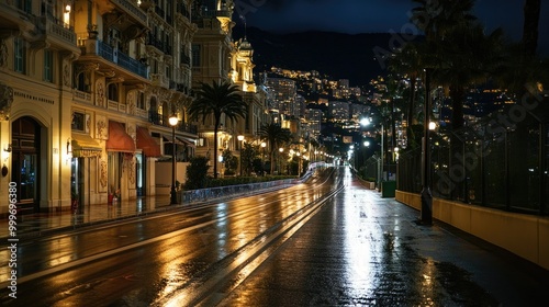 The tight streets of Monaco, part of the Formula One circuit, illuminated at night but completely deserted, with only streetlights reflecting off the track.