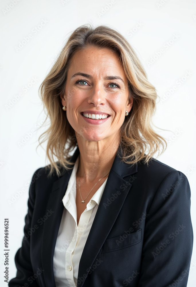 Portrait of a confident, professional woman in formal attire with a warm, approachable smile. Portrait of a confident, professional woman in formal attire with a warm, approachable smile.