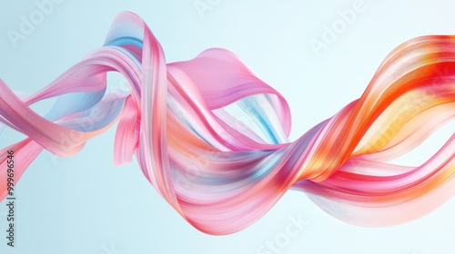 Dynamic ribbons in pink, blue, and orange tones dance across a light blue background in a swirling abstract pattern. No people.