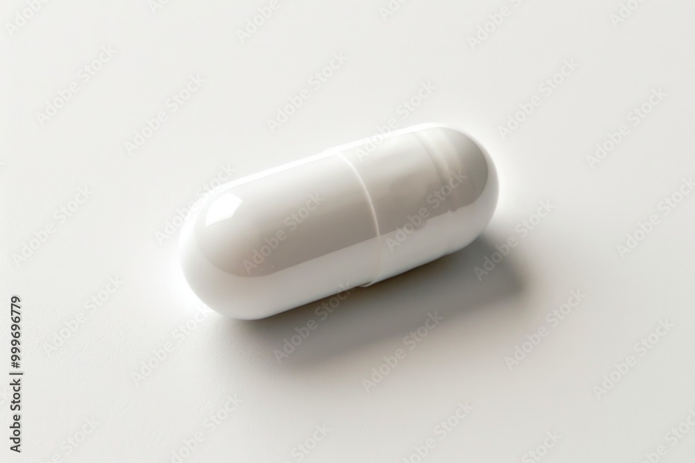A close-up view of a single pill sitting on a white surface A close-up view of a single pill sitting on a white surface