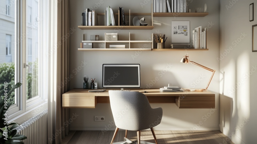 A minimalist Scandinavian-style home office with a clean-lined desk A minimalist Scandinavian-style home office with a clean-lined desk
