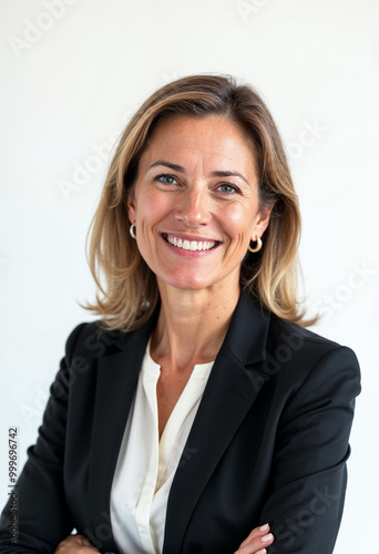 Portrait of a confident, professional woman in formal attire with a warm, approachable smile.