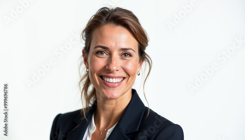 Portrait of a confident, professional woman in formal attire with a warm, approachable smile.