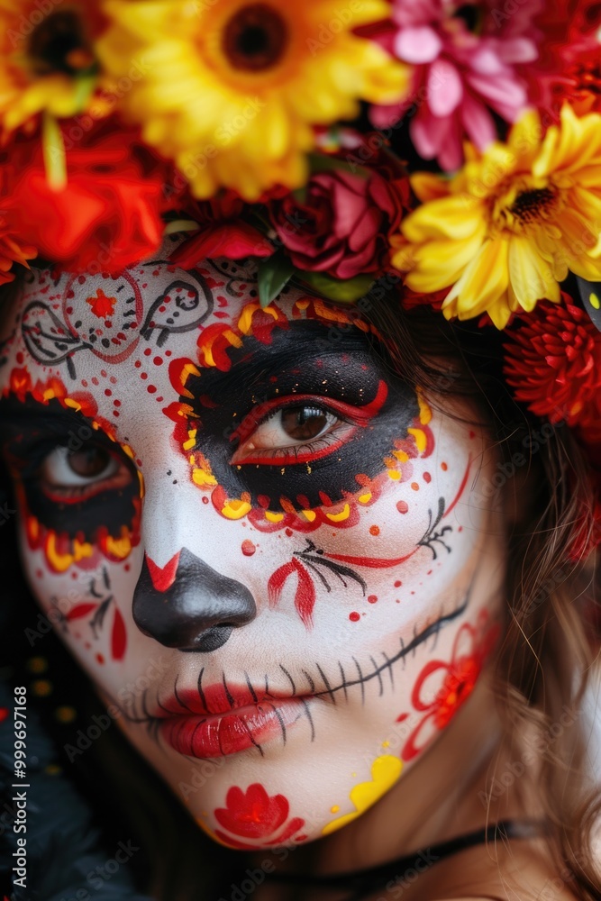 A woman wearing a colorful flower crown and smiling, suitable for use in a lifestyle or beauty context A woman wearing a colorful flower crown and smiling, suitable for use in a lifestyle or beauty context