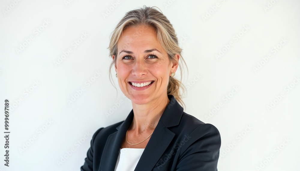 Portrait of a confident, professional woman in formal attire with a warm, approachable smile. Portrait of a confident, professional woman in formal attire with a warm, approachable smile.