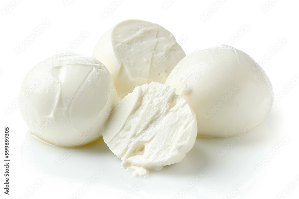 Fresh mozzarella cheese slices with one bitten, great for food photography or culinary concept images Fresh mozzarella cheese slices with one bitten, great for food photography or culinary concept images