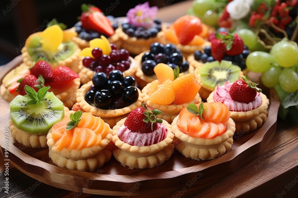 Fruit Tarts: Highlight the vibrant colors of fruit tarts arranged on a wooden serving platter, with a village garden in the backdrop. Fruit Tarts: Highlight the vibrant colors of fruit tarts arranged on a wooden serving platter, with a village garden in the backdrop.