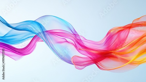 Swirling abstract ribbons in vibrant pink, blue, and orange glide fluidly on a light blue background. No people.