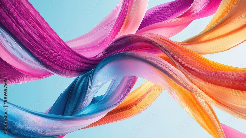 Swirling abstract ribbons in vibrant pink, blue, and orange glide fluidly on a light blue background. No people. Swirling abstract ribbons in vibrant pink, blue, and orange glide fluidly on a light blue background. No people.