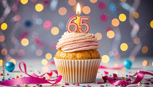 Birthday cupcake with burning lit candle with number 65. Number sixty-five for sixty-five years or sixty-fifth anniversary. photo