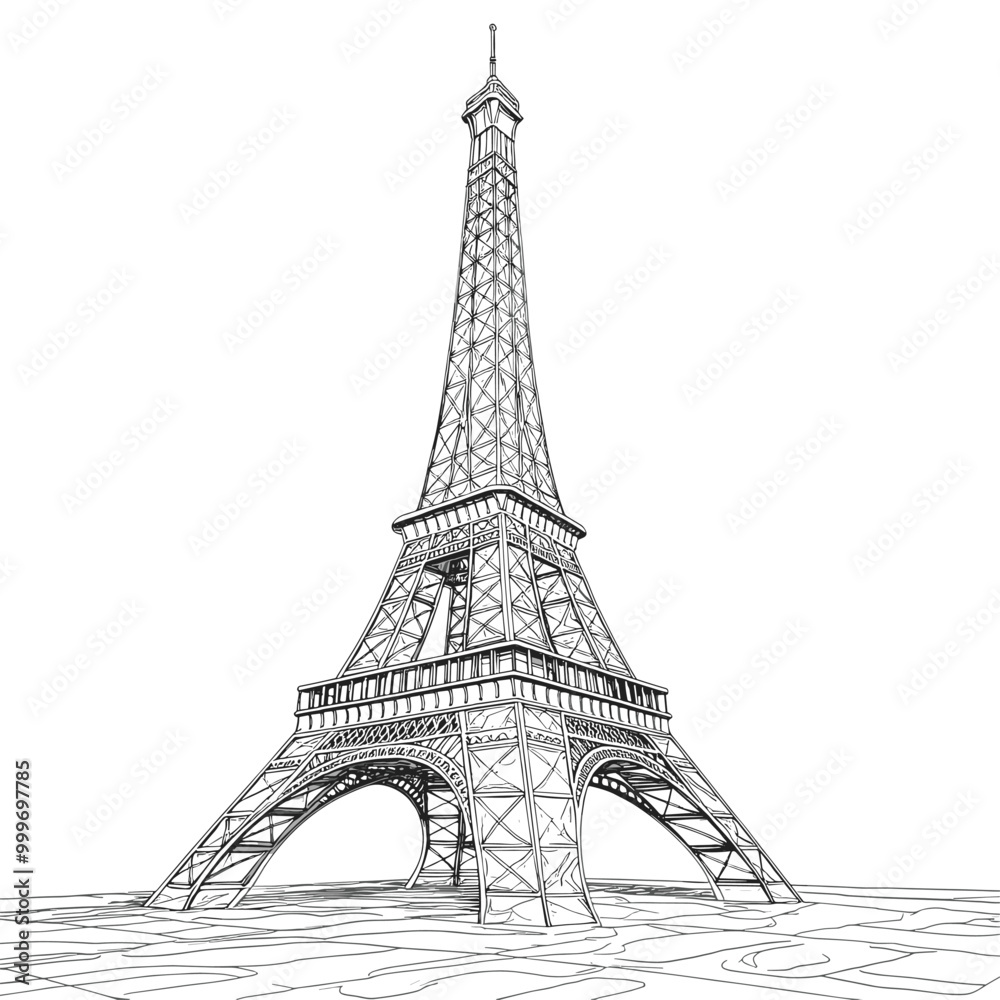 Fototapeta premium vector sketch of eiffel tower in paris on white background .Generative AI