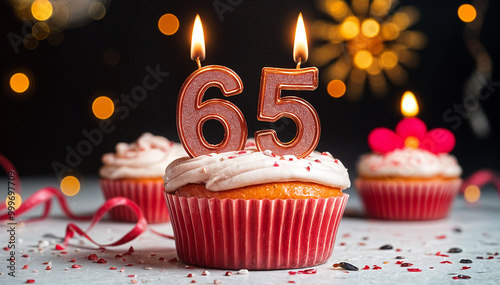 Birthday cupcake with burning lit candle with number 65. Number sixty-five for sixty-five years or sixty-fifth anniversary. photo