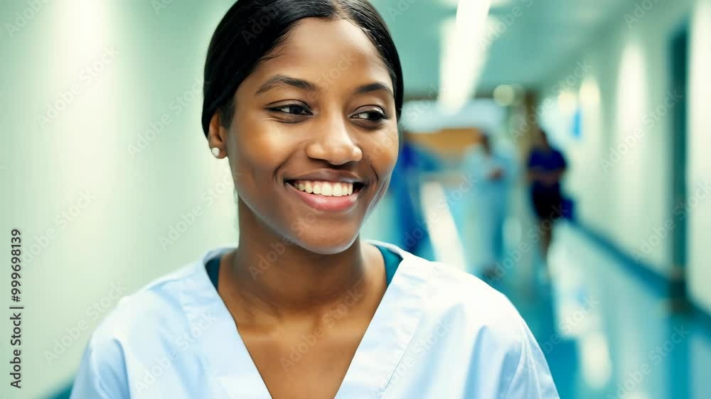 Smiling young Black female nurse in hospital hallway with softly blurred background Smiling young Black female nurse in hospital hallway with softly blurred background