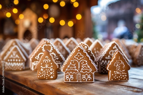 Gingerbread Cookies: Showcase the intricately decorated gingerbread cookies, perhaps with a village holiday market visible in the background.