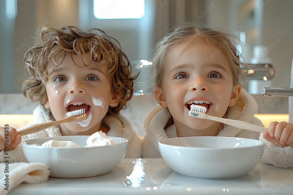 shaggy-haired boy and girl brushing their teeth together