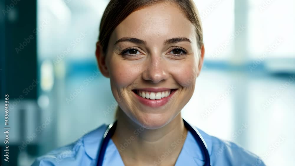 Smiling young white female nurse in hospital hallway with softly blurred background Smiling young white female nurse in hospital hallway with softly blurred background
