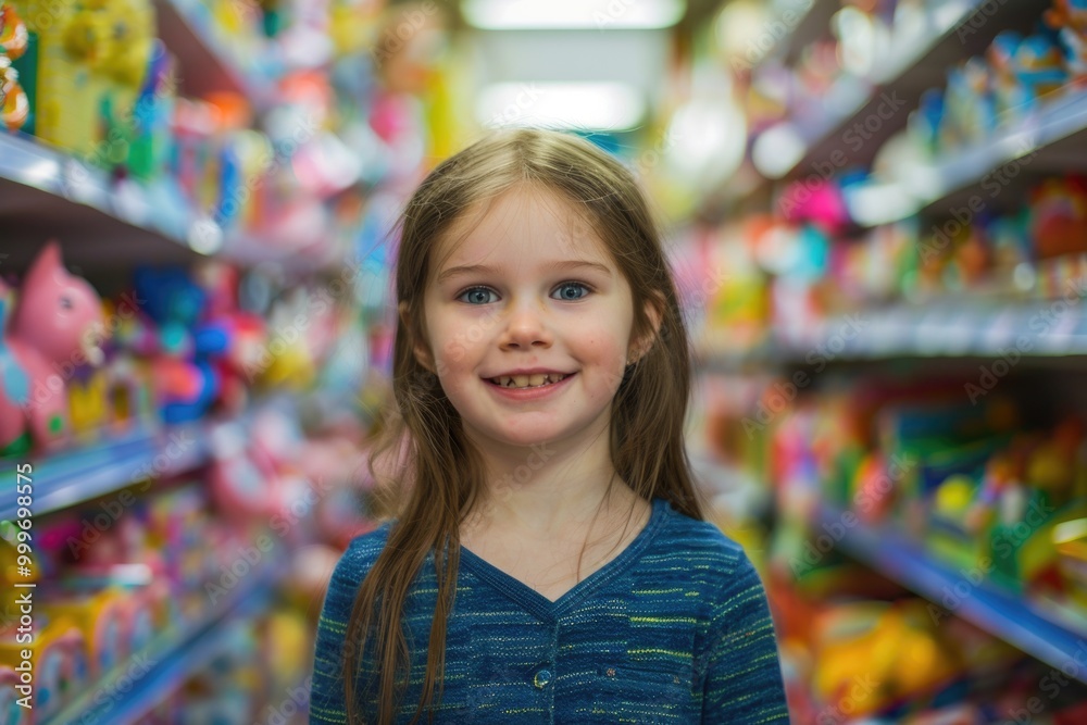 A young child stands amidst colorful toys and displays in a vibrant store A young child stands amidst colorful toys and displays in a vibrant store