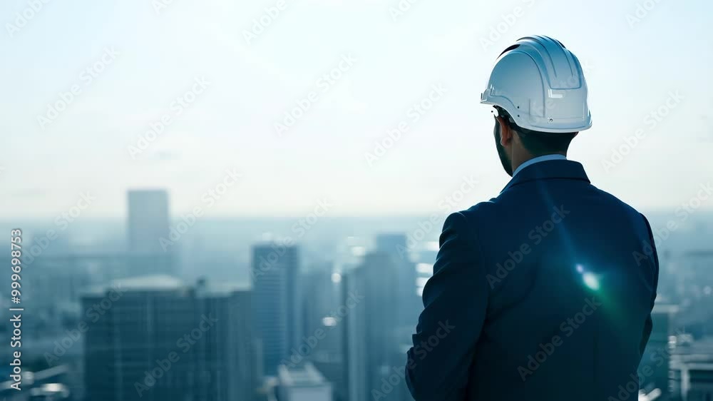 Engineer overlooking city panorama with helmet and suit on rooftop Engineer overlooking city panorama with helmet and suit on rooftop