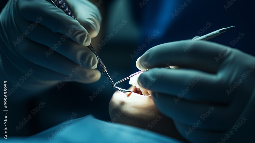 Close-up of a dentist's gloved hand using a dental tool to examine a patient's tooth. Close-up of a dentist's gloved hand using a dental tool to examine a patient's tooth.