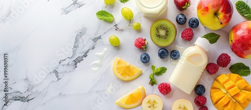 Fresh Baby Fruit Food Puree And Milk Bottle Top View