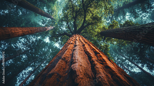 Amazing bottom up view of huge redwood trees in forest