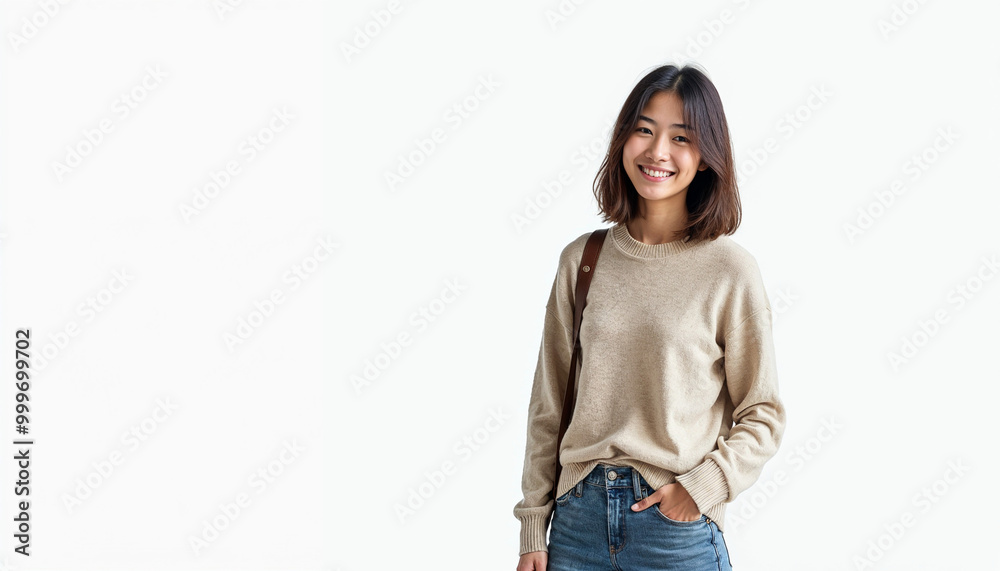Portrait of a young Asian college girl in casual attire, smiling against a white background. Portrait of a young Asian college girl in casual attire, smiling against a white background.