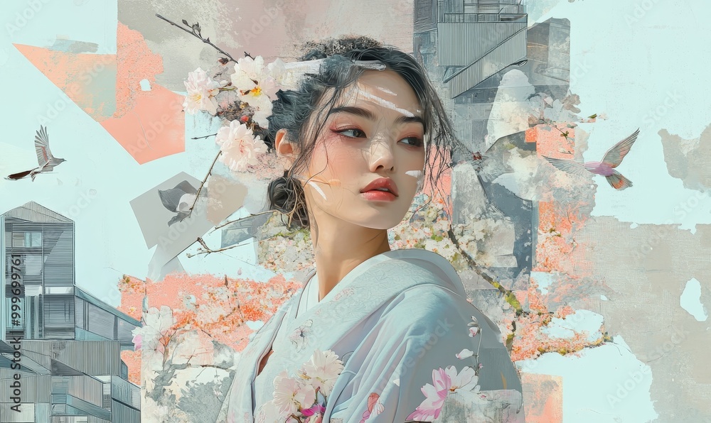 Fototapeta premium Abstract portrait of a woman with floral elements.