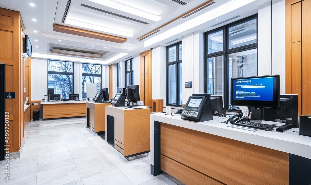 Modern bank interior with multiple teller stations. Modern bank interior with multiple teller stations.