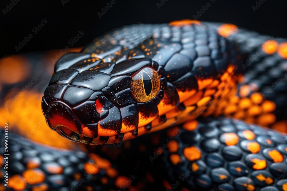Fototapeta premium A close-up view of a black and orange snake's body, showing its scales and pattern